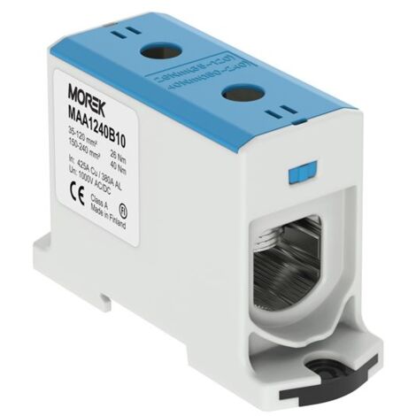 Bloc de jonction alu cuivre bleu (neutre) 35 à 240mm² 1000V AC/DC - Rail DIN - MOREK