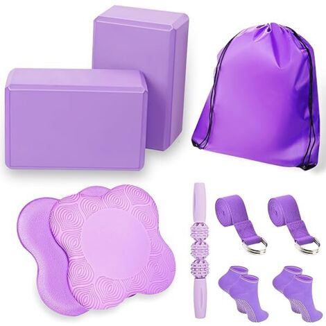 Bloc De Yoga - 2 Pièces - En Mousse Haute Densité - Pour Soutien Postural Et Alignement En Yoga - Avec 2 Genouillères 2 Sangles 1 Rouleau De Massage 2 Paires De Chaussettes Antidérapantes 1 Sac De Spo