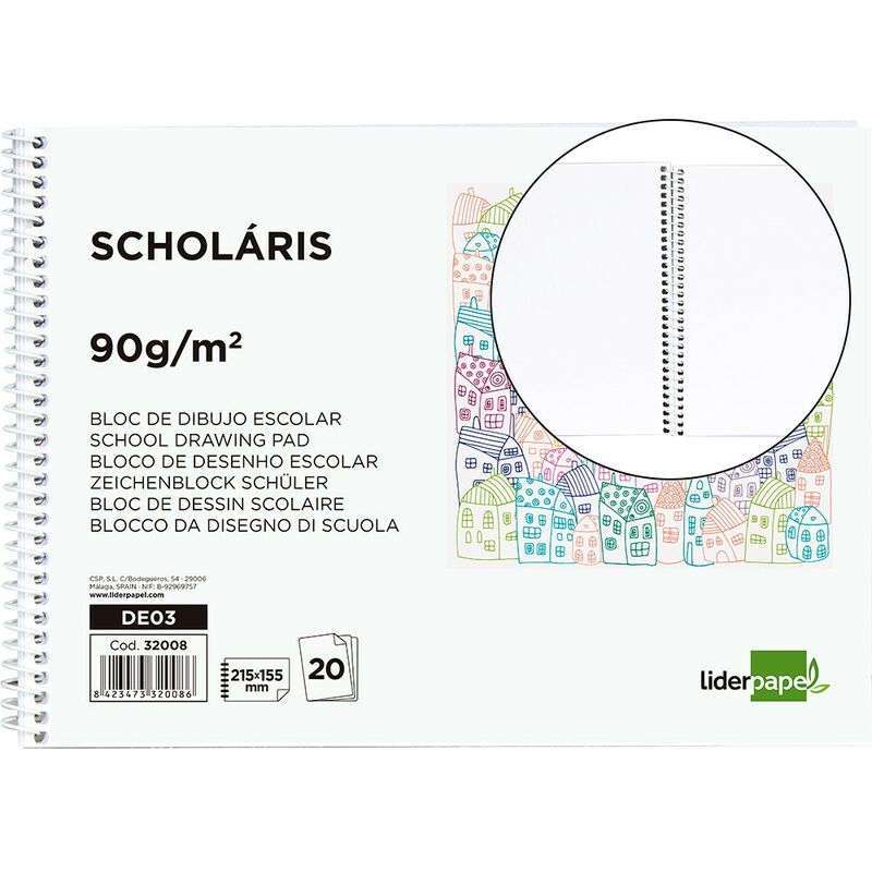 

Bloc dibujo escolar espiral 155x215mm 20 hojas 90g/m2 sin recuadro - Liderpapel