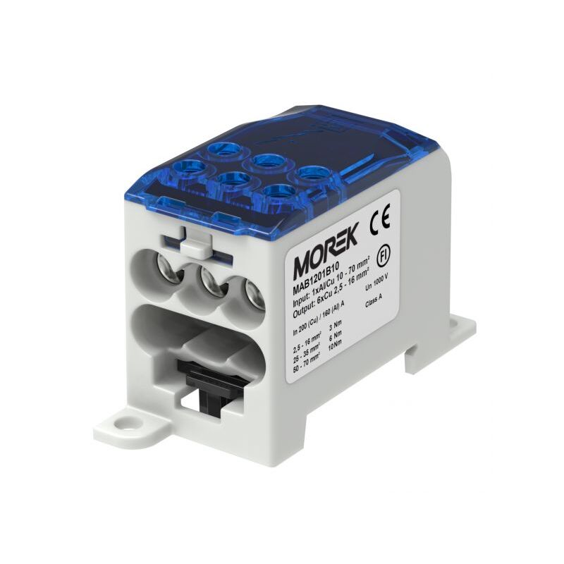 Bloc distribution alu cuivre 200A bleu - 1 entrée 70mm² - 6 sorties 2,5 à 16mm² Morek