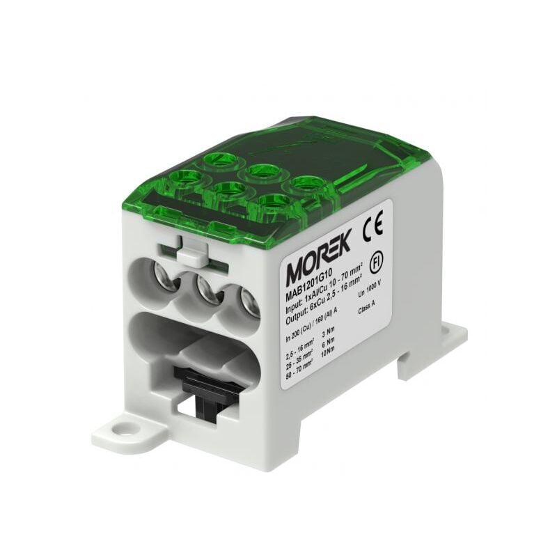 Bloc distribution alu cuivre 200A vert - 1 entrée 70mm² - 6 sorties 2,5 à 16mm² Morek