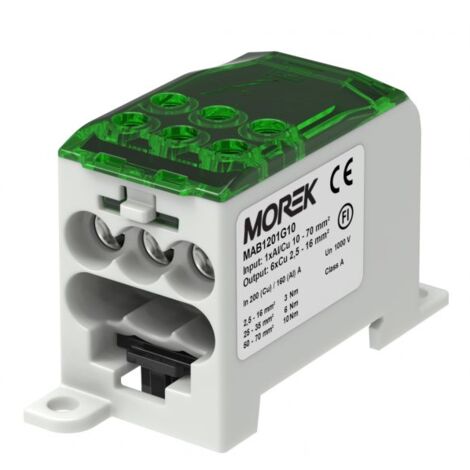Bloc distribution alu cuivre 200A vert - 1 entrée 70mm² - 6 sorties 2,5 à 16mm² - MOREK