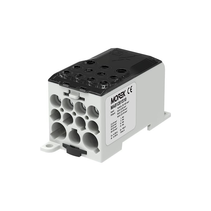Bloc distribution alu cuivre 280A noir - in 1x120mm² - out 2x35/5x16/4x10mm² Morek