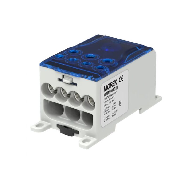 Bloc distribution alu cuivre 400A bleu - entrée 1x240mm² - sorties 4x35/3x50mm² Morek