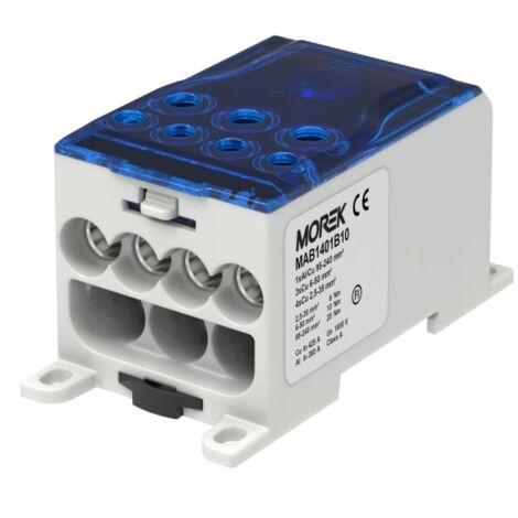 Bloc distribution alu cuivre 400A bleu - entrée 1x240mm² - sorties 4x35/3x50mm² - MOREK