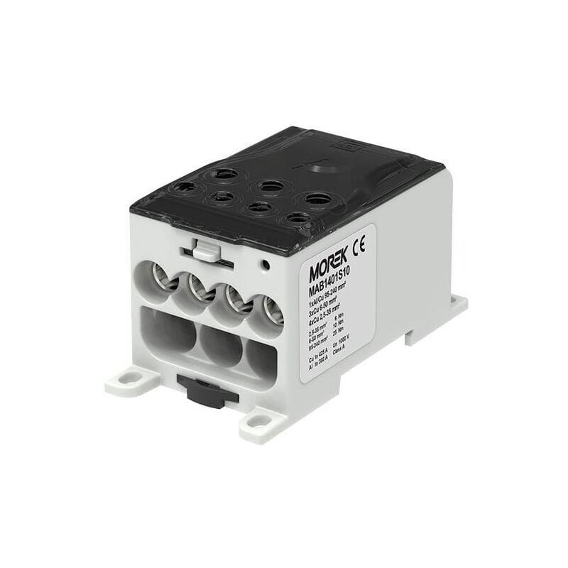 Bloc distribution alu cuivre 400A noir - entrée 1x240mm² - sorties 4x35/3x50mm² - MOREK