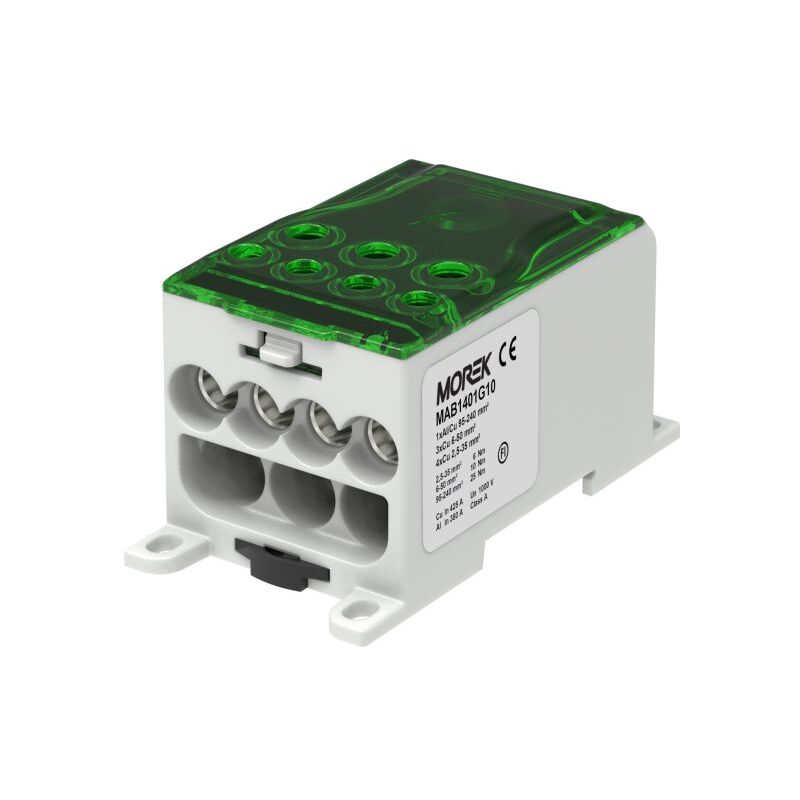 Bloc distribution alu cuivre 400A vert- entrée 1x240mm² - sorties 4x35/3x50mm² Morek