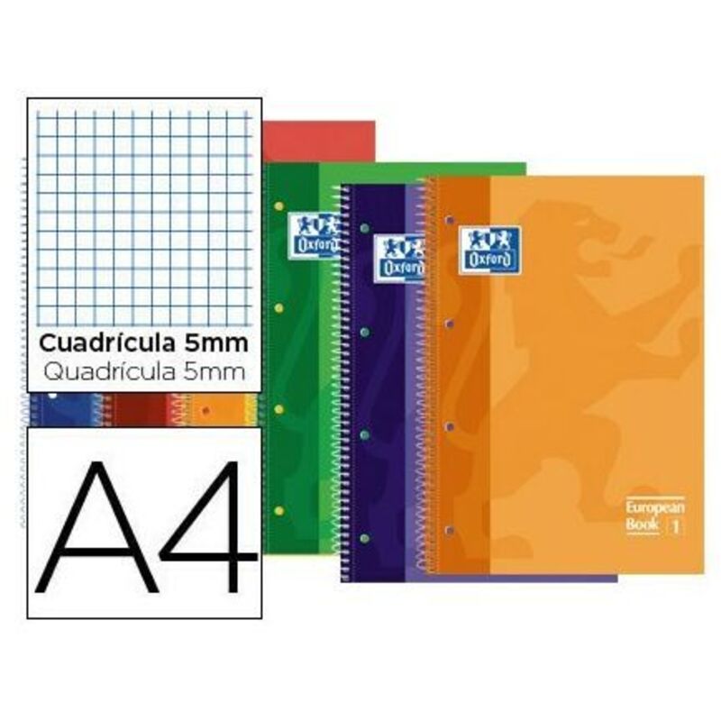 

Bloc espiral oxford tapa extradura microperforado din a4 80 hojas cuadros 5mm colores surtidos (pack de 4 uds.)