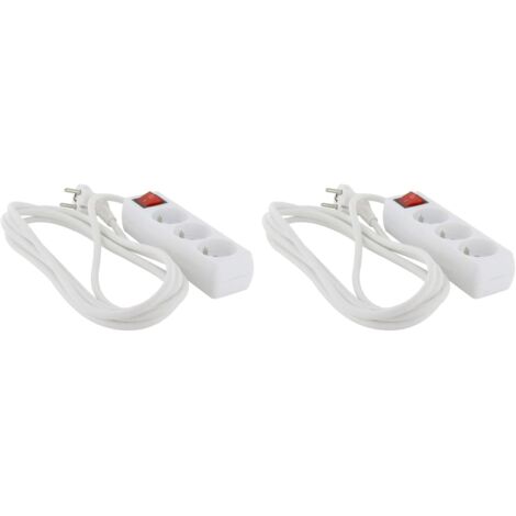 Bloc Multiprise 3 Prises 16A - Lot De 2 - Câble 3m - Blanc - Interrupteur - 3500W - Intérieur
