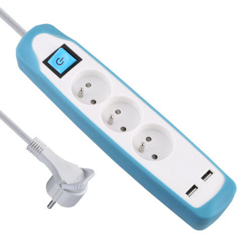 Bloc Multiprise 3 prises et 2 USB, Couverture en silicone antidérapant, Câble 2M, Fiche plat, Bleu
