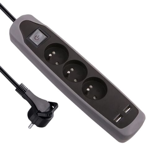 Bloc Multiprise 3 prises et 2 USB, Couverture en silicone protection contre chocs, Câble 2M, Fiche plat