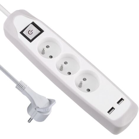 Bloc Multiprise 3 prises et 2 USB, Couverture en silicone protection contre impacts, Câble 2M, Fiche plat