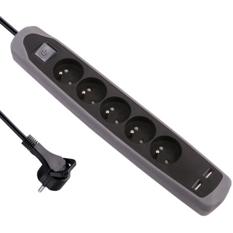 Bloc Multiprise 5 prises et 2 USB avec interrupteur, Couverture en silicone antidérapant, Câble 2M, fiche plat