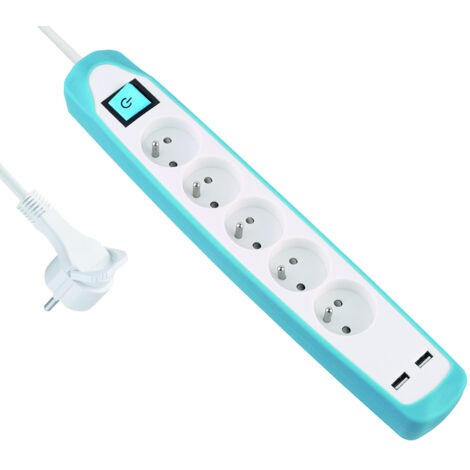 Bloc Multiprise 5 prises et 2 USB, Couverture en silicone antidérapant, Câble 2M, Fiche plat