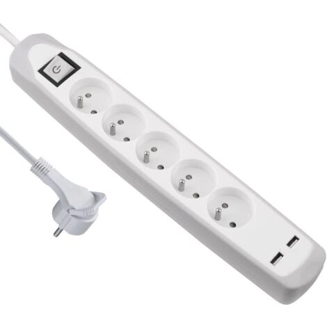 Bloc Multiprise 5 prises et 2 USB, Couverture en silicone protection contre chocs, Câble 2M, Fiche plat