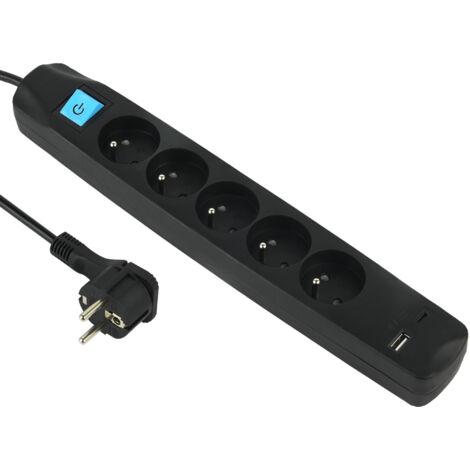 Bloc Multiprise 5 Prises Françaises + 2 USB 3.4A 17W A + 1 Type C, avec Interrupteur on/Off, Fiche Extra Plate 90° 16A, Câble 1.5M