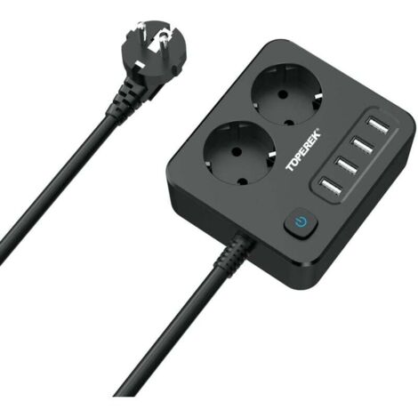 Bloc Multiprise 6 en 1 avec 2 Prises et 4 Ports USB 4000W Protection Parasurtenseur Interrupteur Noir