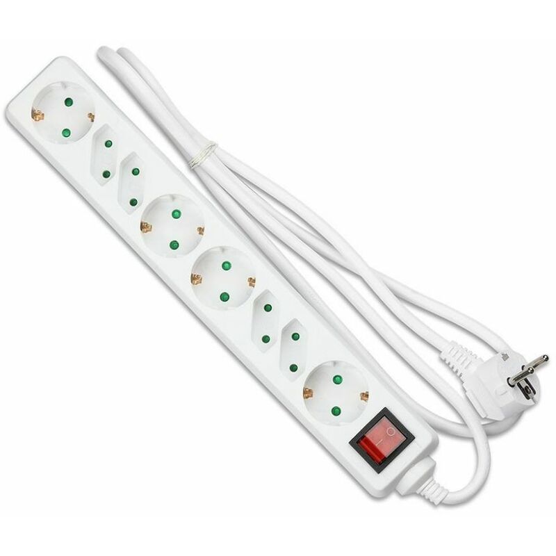 V-tac - Multiprise avec càble de 1.5m 8 prises 4 10A 2P + Schuko 4 10A Interrupteur incliné et lumineux Schuko Plug Couleur Blanc