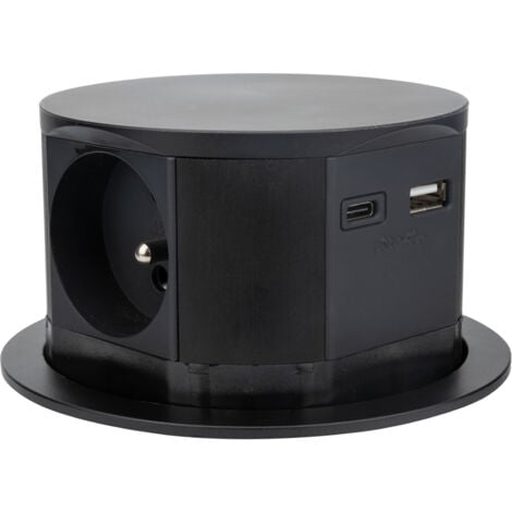 Bloc multiprise encastrable 3 prises 16A 2P+T et 2USB - Noir - Otio