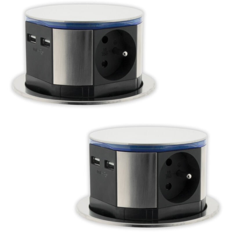 Otio - Lot de 2 blocs multiprises encastrables compact led 3 prises 16A 2P+T & 2x usb - Inox Otio - Lot de 2 blocs multiprises encastrables compact led 3 prises 16A 2P+T & 2x usb - Inox