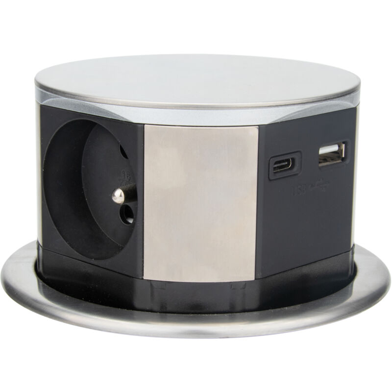 Bloc multiprise encastrable 3 prises 16A 2P+T et 2USB - Alu - Otio