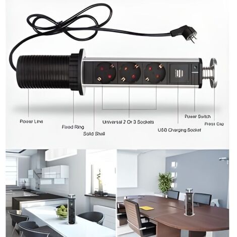 Bloc multiprise escamotable 3 prises + 2 chargeurs USB