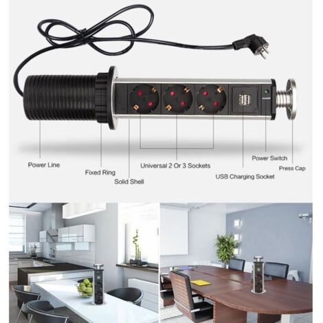 Bloc multiprise escamotable - MARQUE - Modèle - 3 prises - 2 chargeurs USB