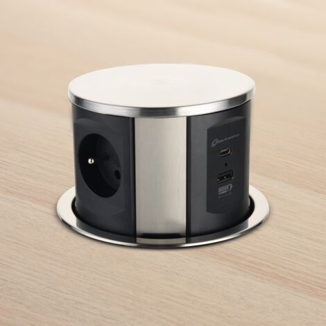 Bloc Multiprise escamotable Plan de Travail avec 3 16A Norme française + 2 3.1A A + 1 USB Type C 15.5W, 120mm, 2M