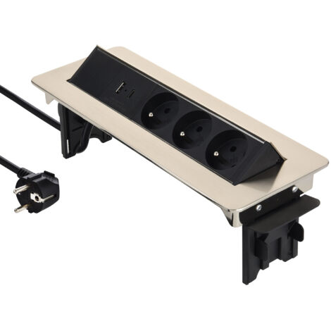 Bloc Multiprise escamotable Plan de Travail avec 3 16A Norme française + 2 3.1A A + 1 USB Type C 15.5W, Cable 2M