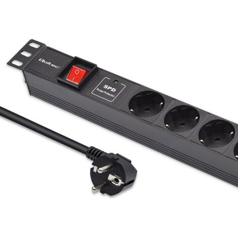 Bloc multiprise Qoltec en aluminium pour rack 19''  1U  16 A  6 prises SCHUKO  1,8 m