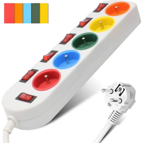 Bloc Multiprise Couleur - Interrupteur pour chaque sortie + 5 stickers - Cable 1,5 M - Normes NF