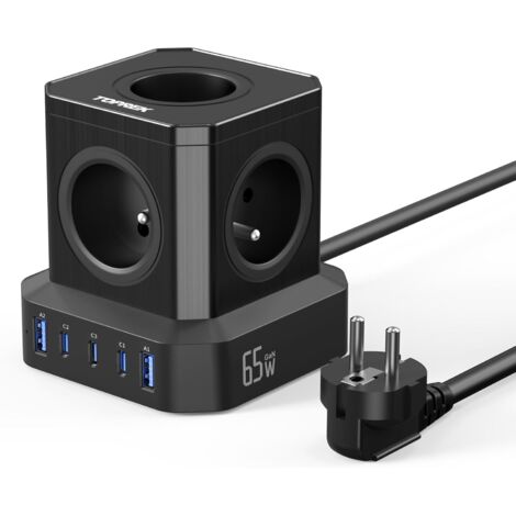 Bloc multiprise USB PD3.0 65W 10 en 1 avec 5 prises et ports USB