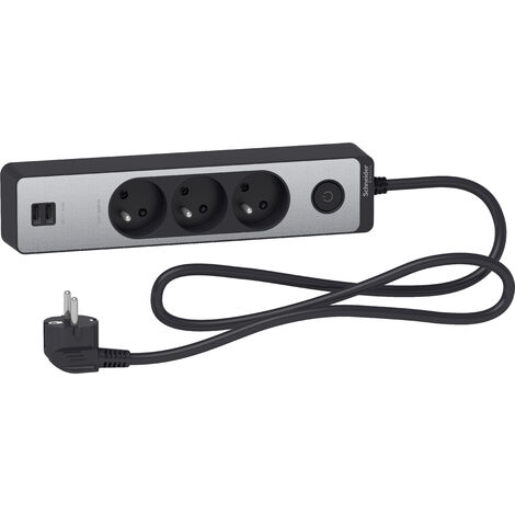 Bloc multiprises 3 Prises 2P+T et 2 USB (câble 1,5m) Noir et Aluminium - Schneider