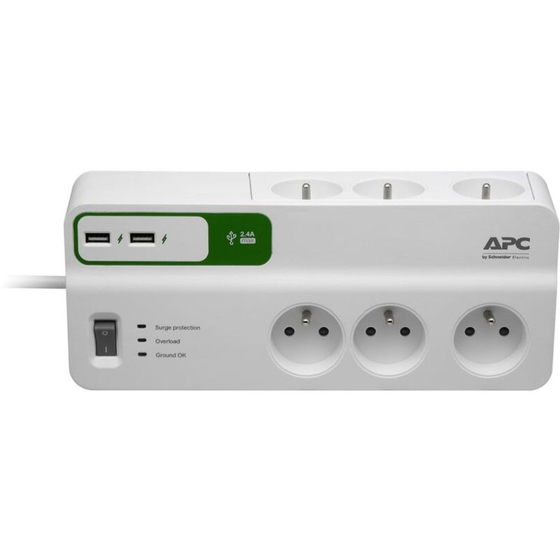 Bloc parafoudre 6 prises 2P+T (2300W) + 2 usb - Blanc - Schneider
