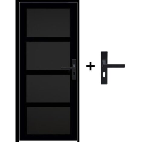 Bloc Porte Telia Noir 4 Panneaux H204 X L73 Poussant Droite Cotes Tableau + Poignée
