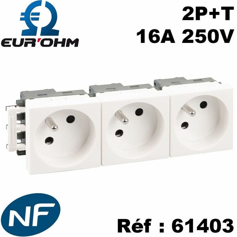 Eur Ohm - 1 à 4 prises de courant 45x45 2P+T clipsables blanches pour goulottes - Type de prises - Bloc 3 prises 2P+T associées