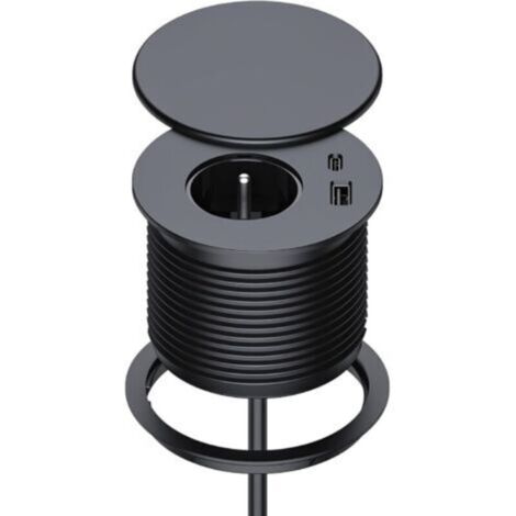 Bloc Prise Encastrable, Multiprise Encastrable avec 1 Prise, 1 Port USB C, 1 Port USB A, 75 mm de Diamètre, 1,5M de Câble, Prise Bureau pour la Cuisine, Le Bureau, Les Meubles, Noir