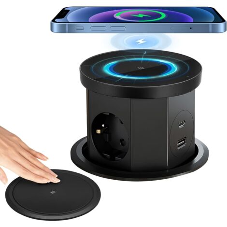 Bloc Prise Encastrable Plan de Travail Multiprise Encastrable, Prise de Table Escamotable 3 Prises avec 1 USB C 1 USB A - Prise de Table Rétractable - avec Chargeur sans Fil (Noir)