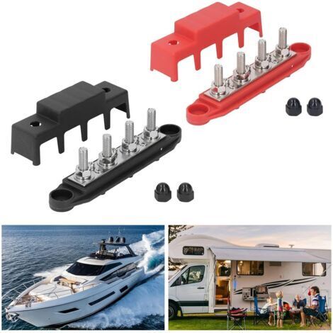 Blocco di distribuzione a 4 terminali M8 48V 250A in ottone rosso e nero per auto, camper e imbarcazioni.