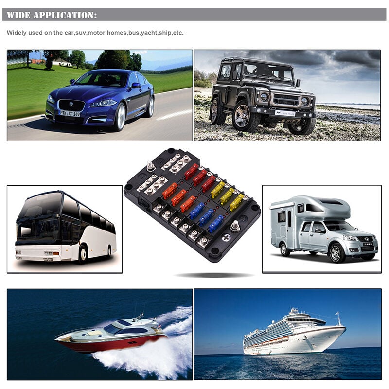 Blocco fusibili a lama a 12 vie 12V, portafusibili...