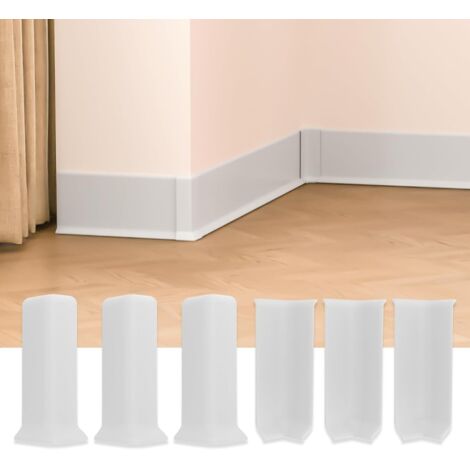 Blocs d'angle pour plinthes, 10 cm de hauteur, auto-adhésifs, comprenant 3 équerres d'angle intérieures et 3 équerres d'angle extérieures, blancs.