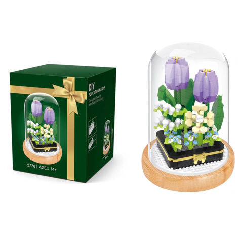Blocs de Construction Miniatures DIY pour Plantes en Pot - Tulipes Décoratives avec Couvercle de Protection