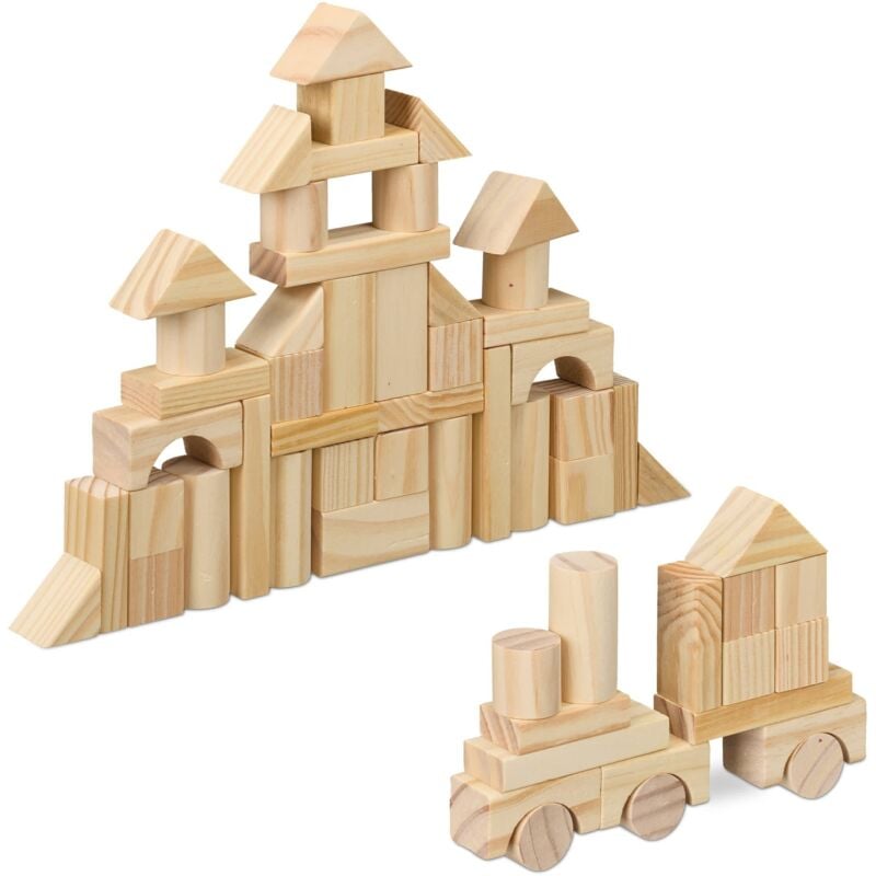 Blocs de construction, 100 pièces, différentes formes, cubes en bois, pour enfants, nature - Relaxdays