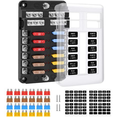 Blocs Fusible Lame ATC/ATO, Porte Fusible Voiture , Boîte Fusibles Voiture 12 voies avec Indicateur de Bus Négatif pour Voiture, Bateau, Fourgonnette, SUV