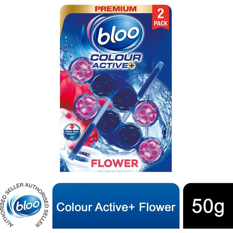Bloo Toilet Rim Blocks Colour Active+ Flower with Odour Stop Technology, 2x50g