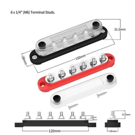 Bloque de terminales de distribución de energía de 12 V con barra colectora negativa, M6 de 6 polos, para aplicaciones automotrices y marinas.