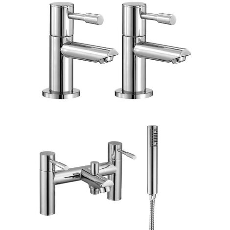Blossom Contemporary Set Of Two Basin Taps And Bath Shower Mixer Tap With Handheld Kit + Waste