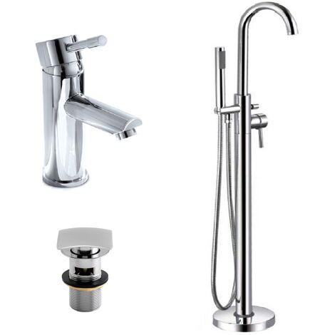 Blossom Modern Basin Sink Mixer Tap & Freestanding Bath Shower Mixer With Handset Kit + Waste