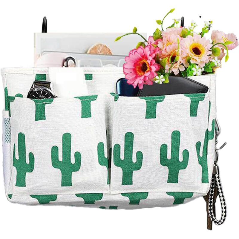 Image of Cactus) Cestino da appendere al comodino, mensola da letto a soppalco, organizer per mensole da letto in tela impermeabile, borsa portaoggetti da