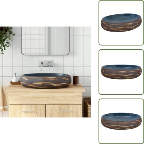 Blu - vidaXL Lavabo da Appoggio Marrone e Blu Ovale 59x40x15 cm Ceramica - Design vintage